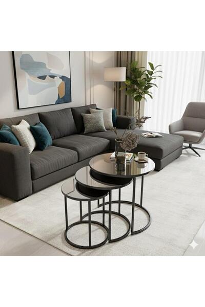 Nokta Sehpa Home Siyah Metal (DÜZ) Aynalı 3lü Zigon C Sehpa