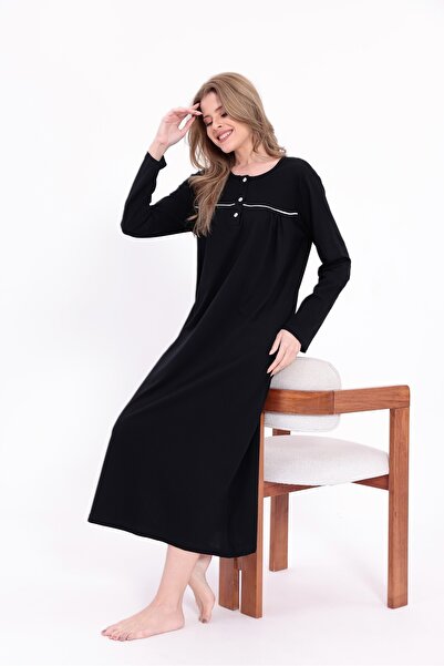 BLACKMORE Women's Black Plus Size Cotton Buttoned Long Nightgown