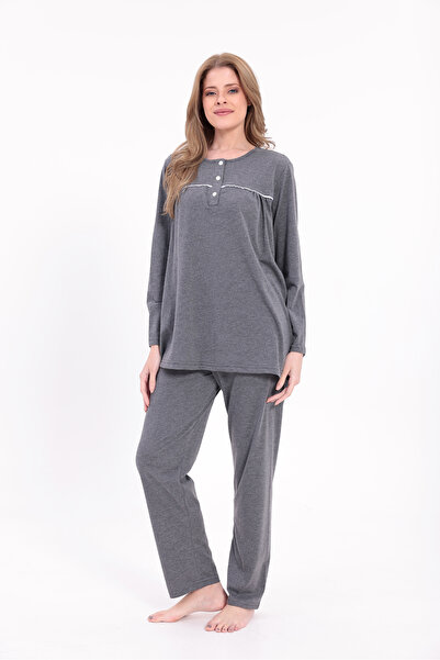 Yulem Homewear Women's Smoked Trim Long Sleeve Cotton Plus Size (Oversized) Pajama Set