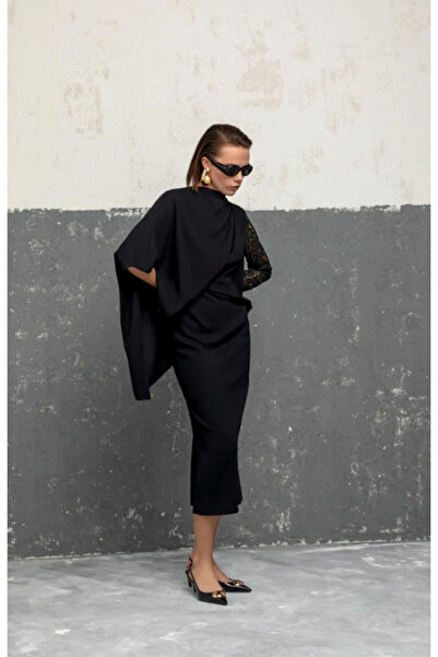 KAMEYA Midi Black Dress with Lace Sleeve Detail