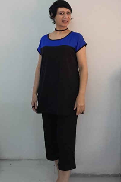 Mertcan Butik Black Indigo Blue Color Block Capri Length Size Whole Set Low-Sleeve Combed Viscose Suit
