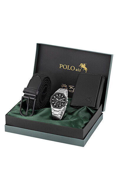 Polo Air Erkek Kol Saati Cüzdan Kemer Hediyelik Kutusunda Siyah Set Gümüş Siy...
