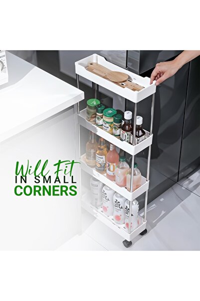 DMV Solux Slim portable shelf organizer cart with 4 shelves, white for bathroom or kitchen with wheels