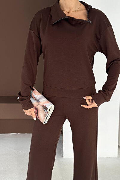 SHEESH APPAREL Soft Textured Modal Suit Top Cross Side Zipper Detailed Sweatshirt Bottom Palazzo Pantalon