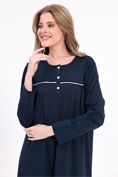 BLACKMORE Women's Navy Blue Plus Size Cotton Buttoned Long Nightgown