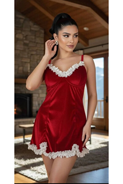 nuda luna Kırmızı Kadife İnce Askılı Gecelik