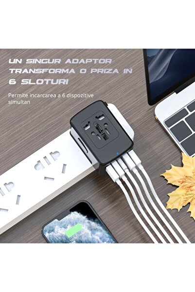 AIM TO POWER Adaptor universal de călătorie, 3 USB-C + 2 USB, negru