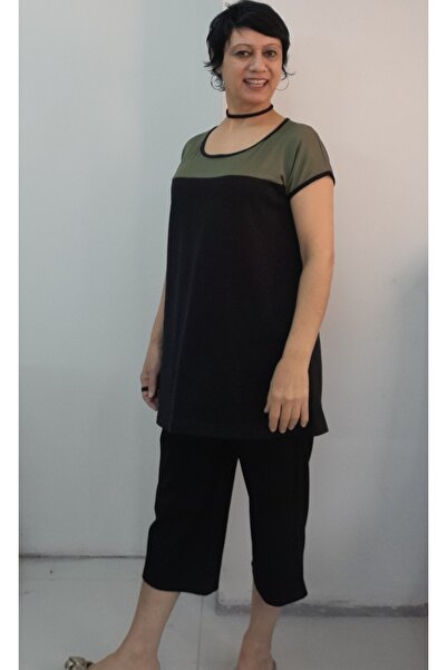 Mertcan Butik Black Green Color Block Capri Length with Pockets Size Fits All Low Arm Length Combed Viscose Suit