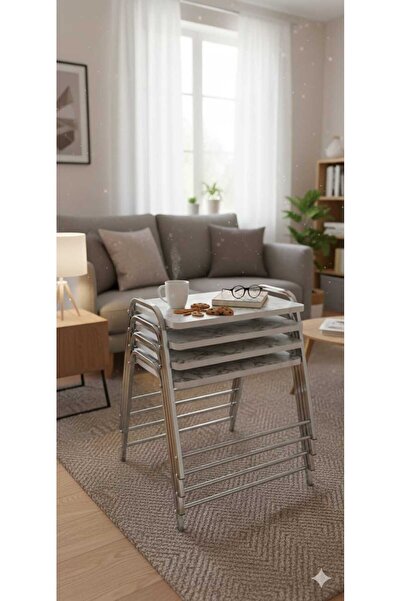 Nokta Sehpa Home TEPSİ ZİGON SEHPA 4LÜ KROM METAL MERMER DESEN