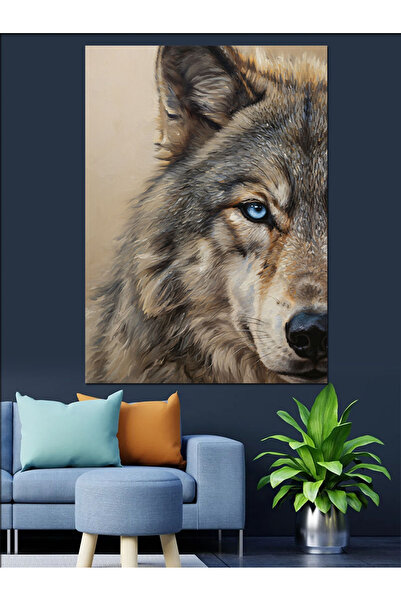 Tablo Mega Gri Kurt Vahşi Portre Dekoratif Kanvas - Mdf Ahşap Tablo