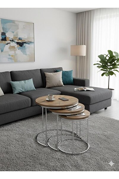 Nokta Sehpa Home Gümüş Metal Gümüş çam tabla 3lü Zigon C Sehpa