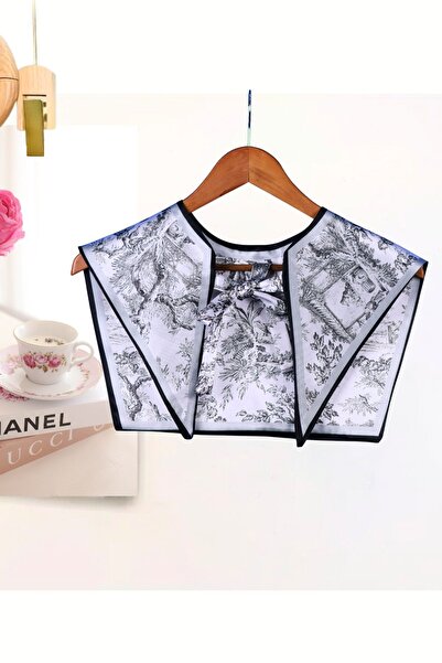 nurfemina Artistic Style Pastoral Patterned Scarf Collar |   Monochrome Toile De Jouy Patterned Special Cut Shoulder Shawl