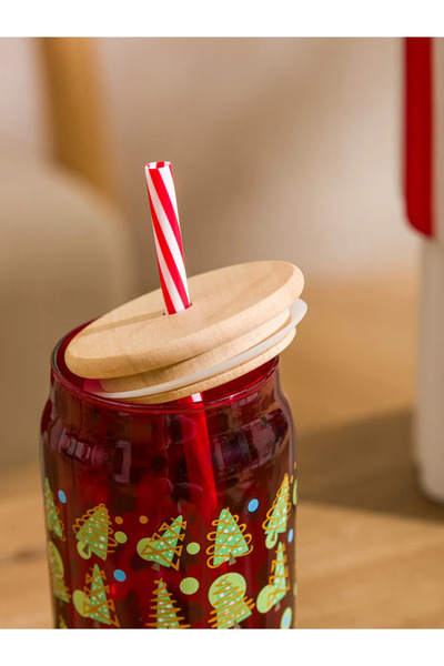 LC Waikiki Printed Glass Cup with Straw 450 ml