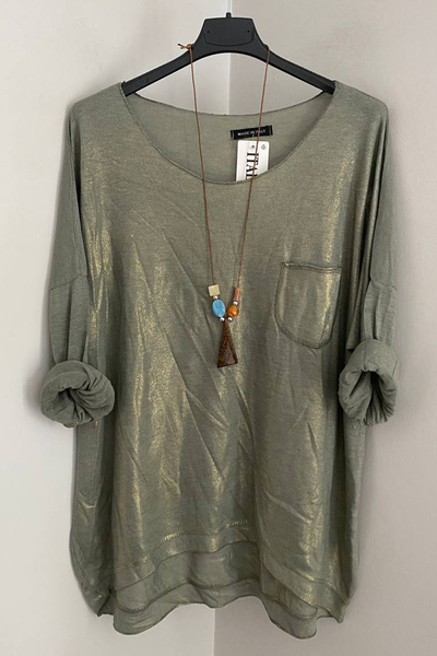 AYASOFYA OTANTIK Women's Italian Khaki Blouse with Necklace Pocket, Shiny Glitter Detail on the Front, Casual Long Sleeve Blouse