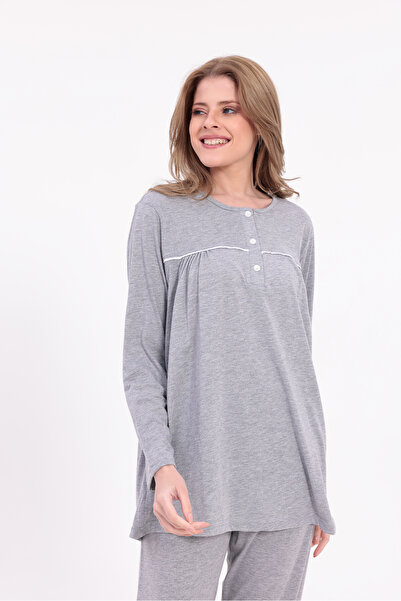 Yulem Homewear Women's Gray Piped Long Sleeve Cotton Plus Size (Oversize) Pajama Set