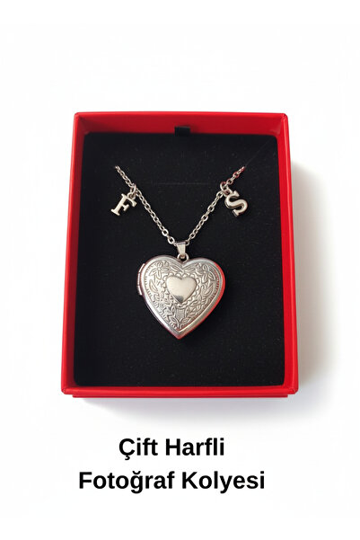 TWOGAN Kişiye Özel Çif Harfli Kallp Açılabilir Kapaklı Resimlikli, Fotoğraf Kalp Çelik Kolye Çift Kolyesi