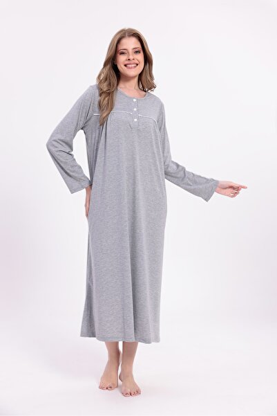 BLACKMORE Women's Gray Plus Size Cotton Buttoned Long Nightgown