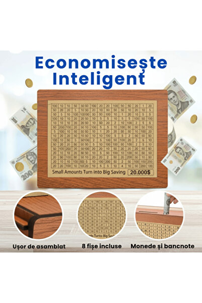 OferteTop Wooden Piggy Bank for Banknotes and Coins with Customizable Planning Sheets