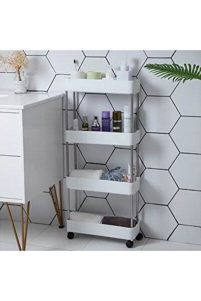 DMV Solux Slim portable shelf organizer cart with 4 shelves, white for bathroom or kitchen with wheels