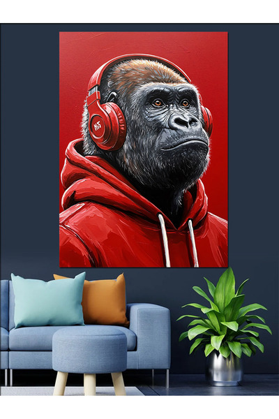 KanvasSepeti Gorila cu căști Pictură în ulei de înaltă calitate texturat Canv...