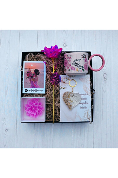 MARMORİ PEMBE ÇİÇEKLİ GÜZEL HİS HEDİYE SETİ