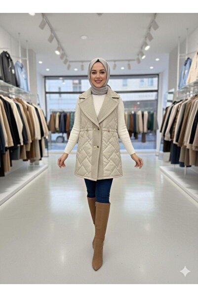 QUMRU Kiremit Desenli Kadın Ekru Kapitone Yelek