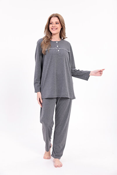 Yulem Homewear Women's Smoked Trim Long Sleeve Cotton Plus Size (Oversized) Pajama Set
