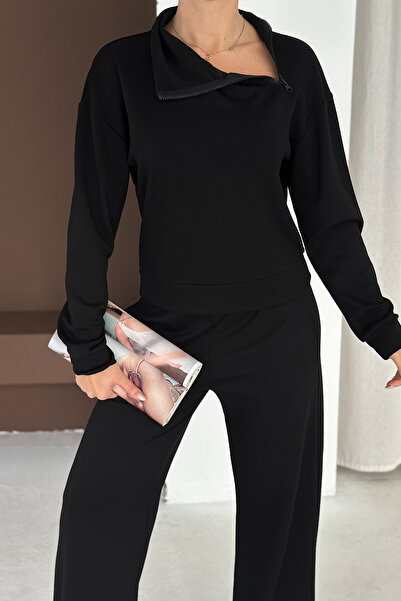 SHEESH APPAREL Soft Textured Modal Suit Top Cross Side Zipper Detailed Sweatshirt Bottom Palazzo Pantalon