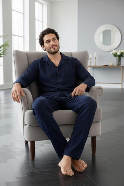 Pijamaevi Navy Blue Green Plaid Patterned Front Buttoned Elegant Men's Pajama Set