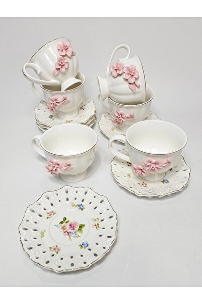 Casalina White ceramic cup and saucer set with 3D pink flowers, 12 pieces