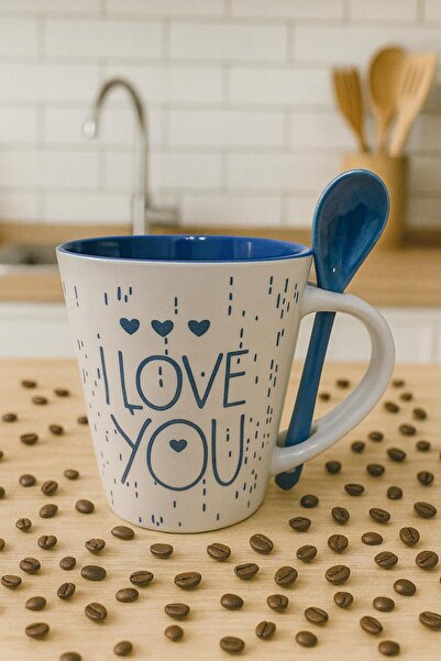 BUENOS Porselen Mavi-Beyaz Renk Kaşıklı Kupa Bardağı-Kahve Kupası