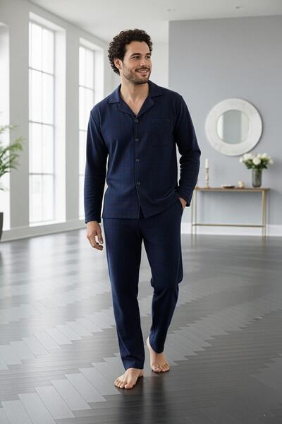 Pijamaevi Navy Blue Green Plaid Patterned Front Buttoned Elegant Men's Pajama Set