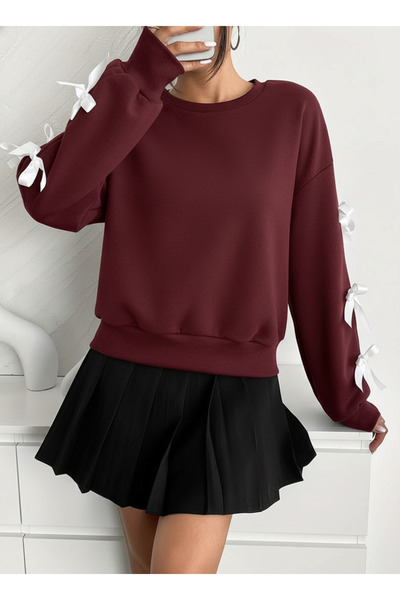 LEONE KOLEKSİYON Κομψό χειμερινό γυναικείο φούτερ με λεπτομέρεια με φιόγκο σε μπορντό χρώμα