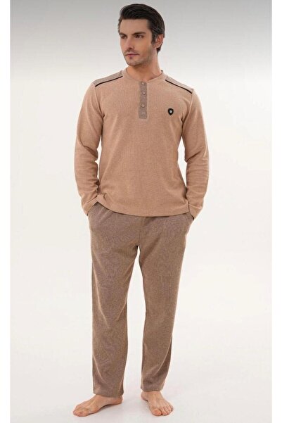 EM&FA TEKSTİL Thessaloniki Fabric Brown 100% Cotton Men's Pajama Set (Large Sizes Available)