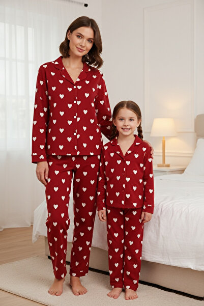 Free Beka Red Heart Patterned Long Sleeve Buttoned Front Shirt Collar Mother Daughter Pajama Set Combination