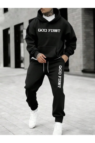 PAVRO Tracksuit Set Sweatshirt Jogger - Oversized Fleece-Lined Mixed Printed Hooded