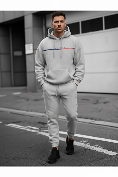 WOODROFFE Paris Printed Unisex Κάτω Μαύρο Ανδρικό Σετ Φούτερ με Κουκούλα Oversize