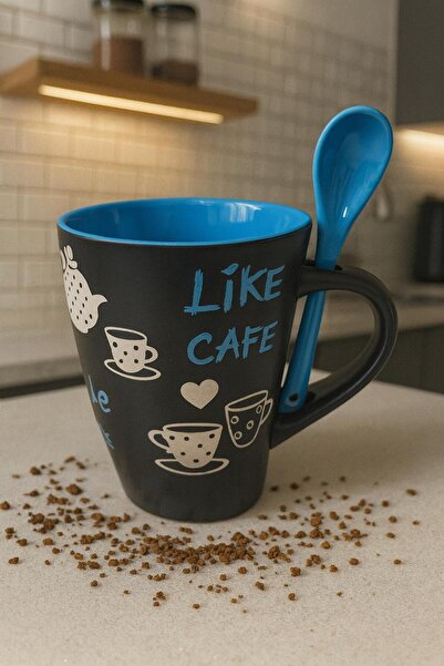 BUENOS Porselen Siyah-Mavi Renk Kaşıklı Kupa Bardağı - Kahve Kupası