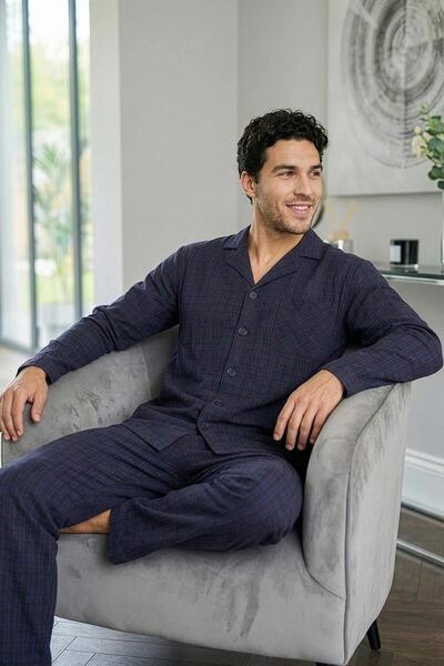 Pijamaevi Navy Blue White Plaid Patterned Front Buttoned Elegant Men's Pajama Set