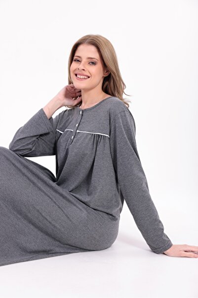 BLACKMORE Women's Anthracite Plus Size Cotton Buttoned Long Nightgown
