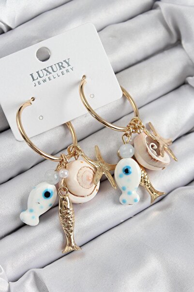 Dorvina Brass Dangle Women's Earrings Ceramic Fish and Seashell Model Gold Color Does Not Tarnish