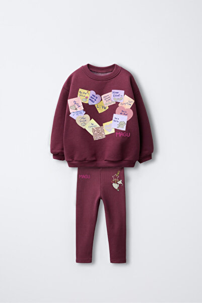 Magu Girl's Cotton Burgundy Heart Printed Sweatshirt Tracksuit Set