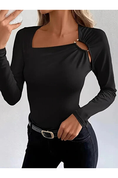 KentselBazaar Women's Long Sleeve Viscose Blouse with Ring Detail at the Neck