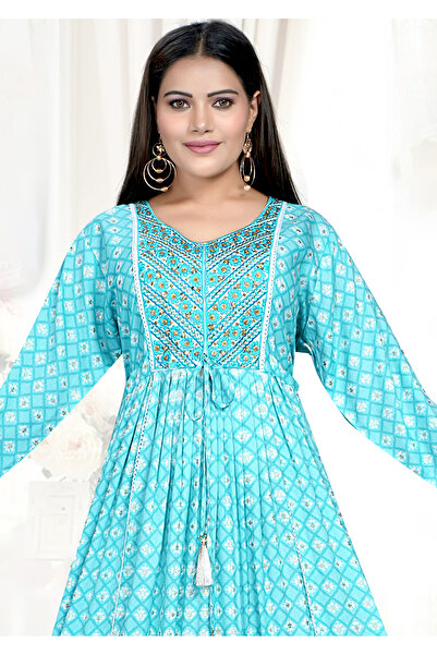 Zainah Premium Embroidered Jallabiya / Kaftan Maxi Dress | Adjustable Drawstring Chest & Geometric Print