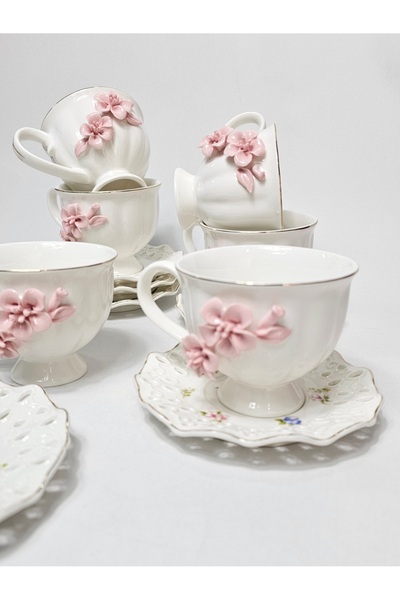 Casalina White ceramic cup and saucer set with 3D pink flowers, 12 pieces