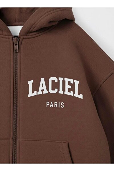 Magu Unisex Children's Cotton Brown Hooded Zippered Tracksuit Set – Relaxed Fit