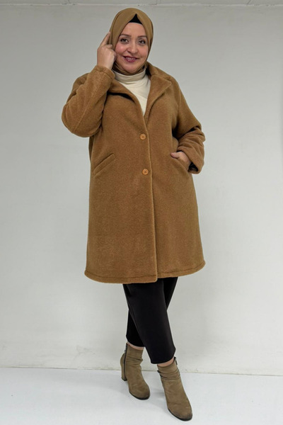 Eslina 53051 Büyük Beden Keçe Kaban - Taba