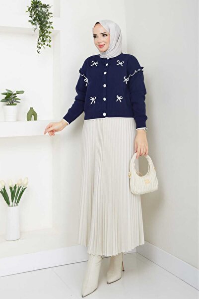 Blue Morpho Bow-Knot Knitwear Crop Cardigan Pleated Skirt Two-Piece Combination Set