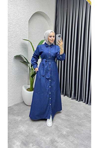 Weak Blue Women's Belted Denim Pocketed Long Hijab Dress Buttoned Full Length