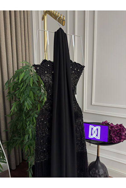 Generic Luxurious black evening dress with silver beadwork - elegant trim with a flowing chiffon shawl - classic elegance